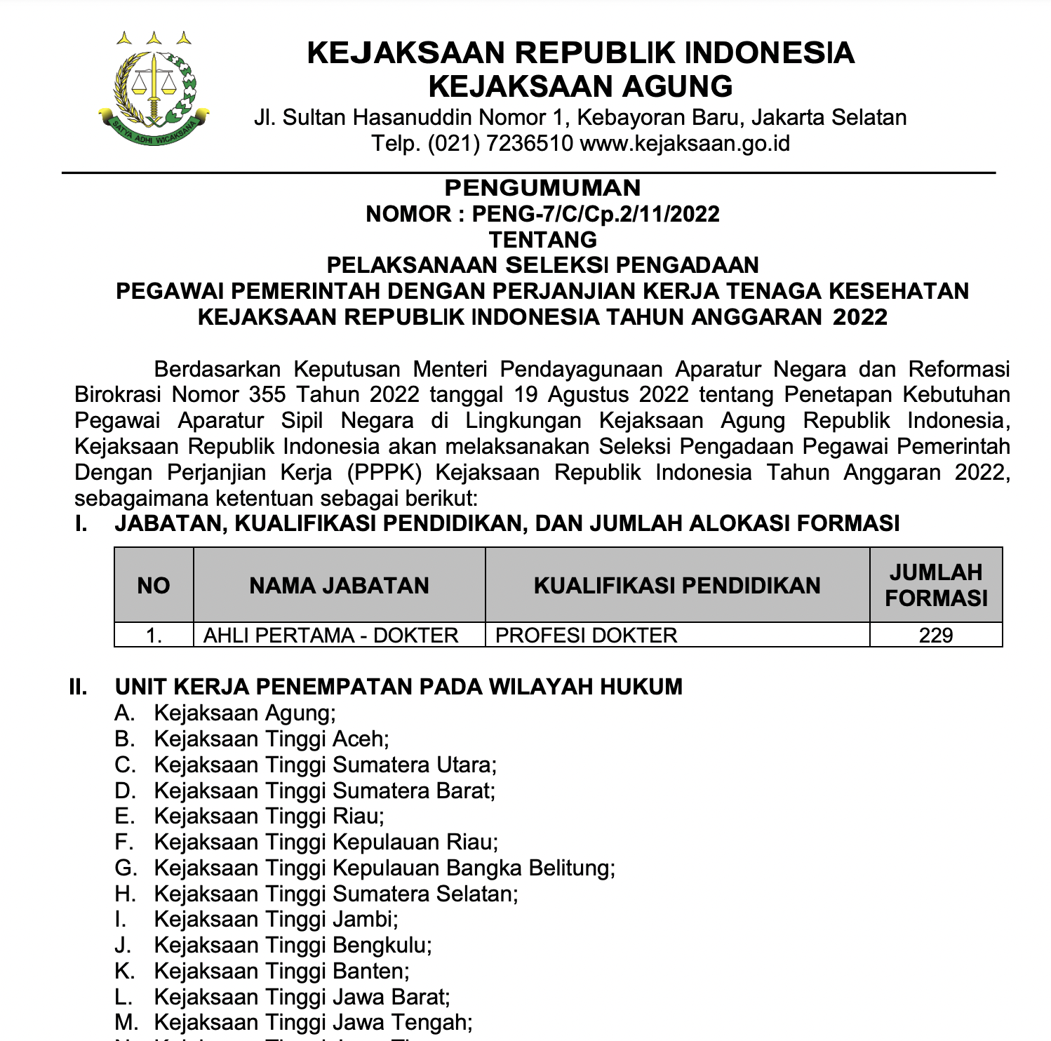 Formasi Resmi PPPK 2022 Tenaga Kesahatan Kejaksaan Agung